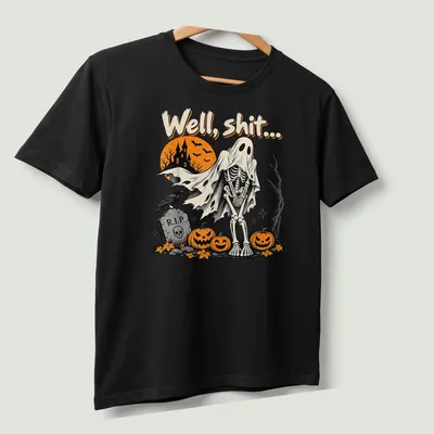 Vintage spooky shirt featuring a skeleton ghost and humorous text — printed on a unisex t-shirt (angled view)