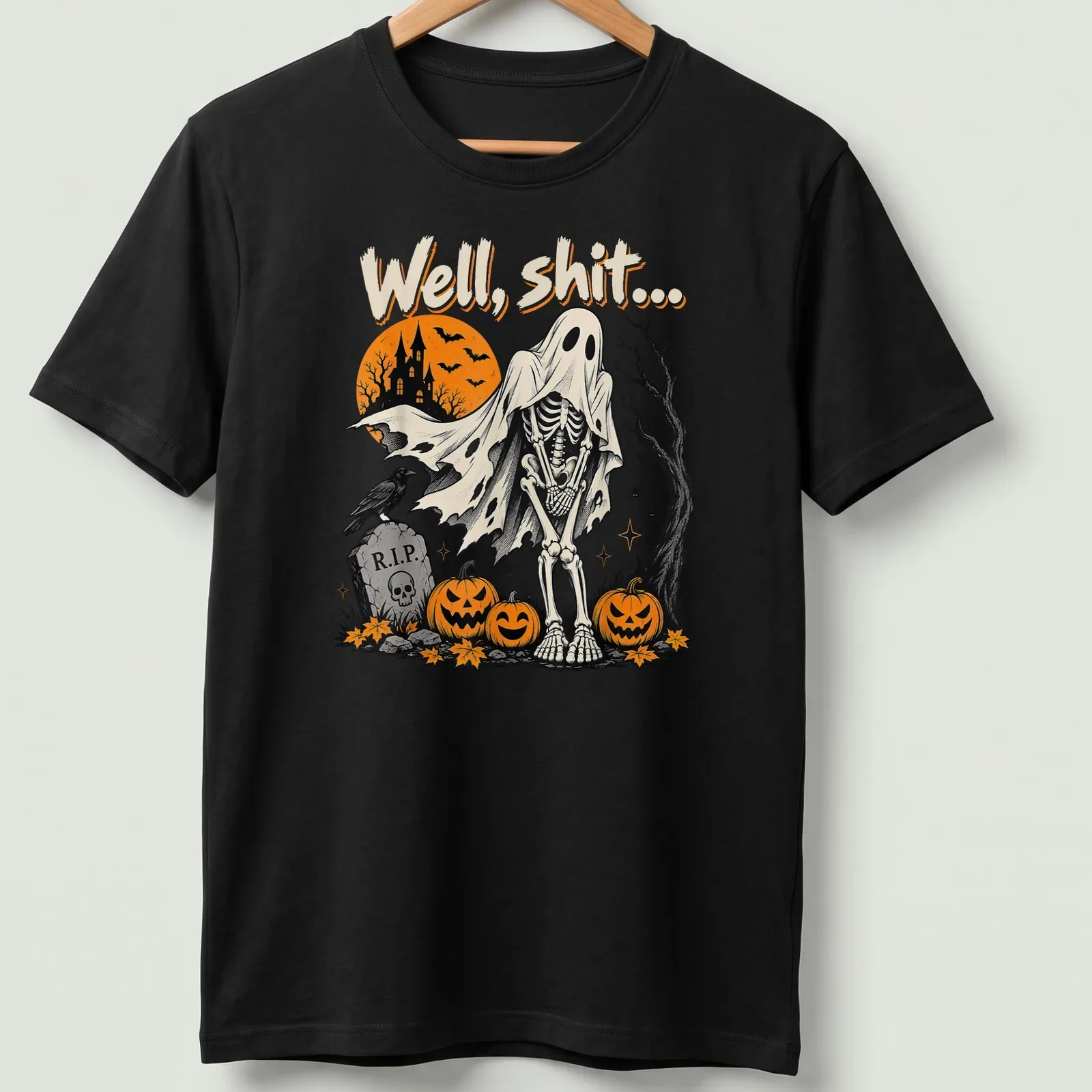 Vintage spooky shirt featuring a skeleton ghost and humorous text — printed on a unisex t-shirt