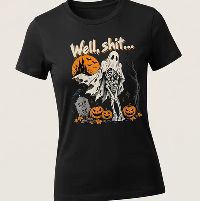 Vintage spooky shirt featuring a skeleton ghost and humorous text — printed on a women's shirt