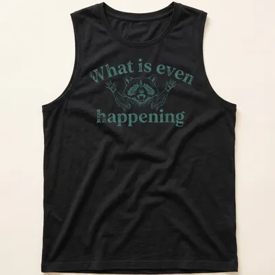 Vintage distressed t-shirt featuring a confused raccoon with humorous text above. — printed on a tank top