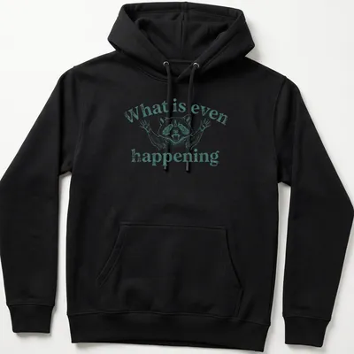 Vintage distressed t-shirt featuring a confused raccoon with humorous text above. — printed on a unisex hoodie