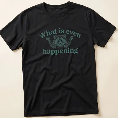 Vintage distressed t-shirt featuring a confused raccoon with humorous text above.