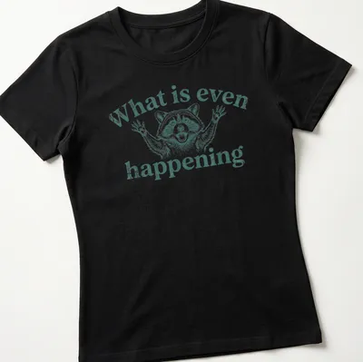Vintage distressed t-shirt featuring a confused raccoon with humorous text above. — printed on a women's shirt