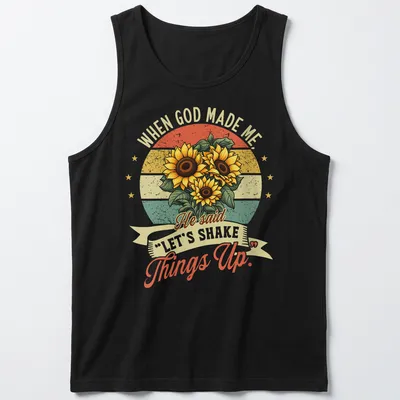 Vintage retro shirt with sunflowers and humorous text about shaking things up. — printed on a tank top