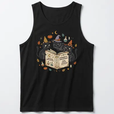 Whimsical design of three black cats wearing witch hats surrounded by text — printed on a tank top