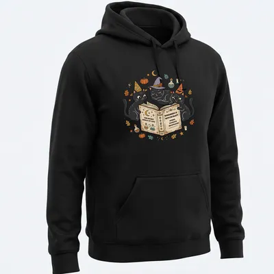 Whimsical design of three black cats wearing witch hats surrounded by text — printed on a unisex hoodie