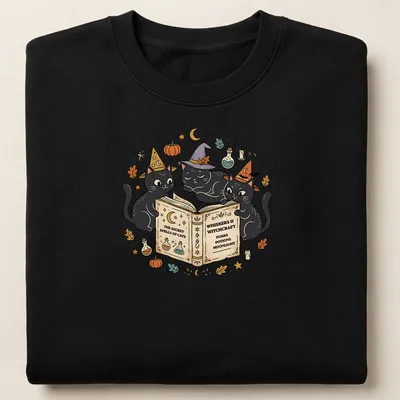 Whimsical design of three black cats wearing witch hats surrounded by text — printed on a unisex sweatshirt