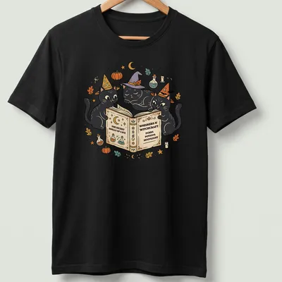 Whimsical design of three black cats wearing witch hats surrounded by text