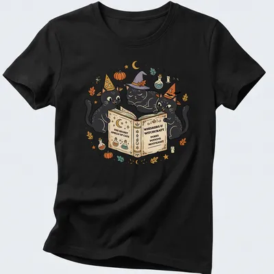 Whimsical design of three black cats wearing witch hats surrounded by text — printed on a women's shirt