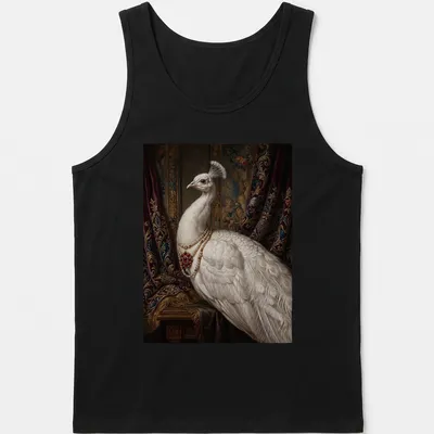 Realistic portrait of a white peacock wearing a ruby pearl necklace — printed on a tank top