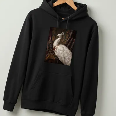 Realistic portrait of a white peacock wearing a ruby pearl necklace — printed on a unisex hoodie