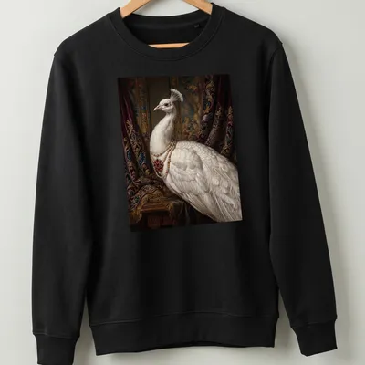 Realistic portrait of a white peacock wearing a ruby pearl necklace — printed on a unisex sweatshirt