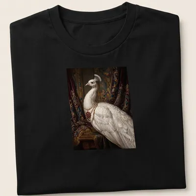 Realistic portrait of a white peacock wearing a ruby pearl necklace