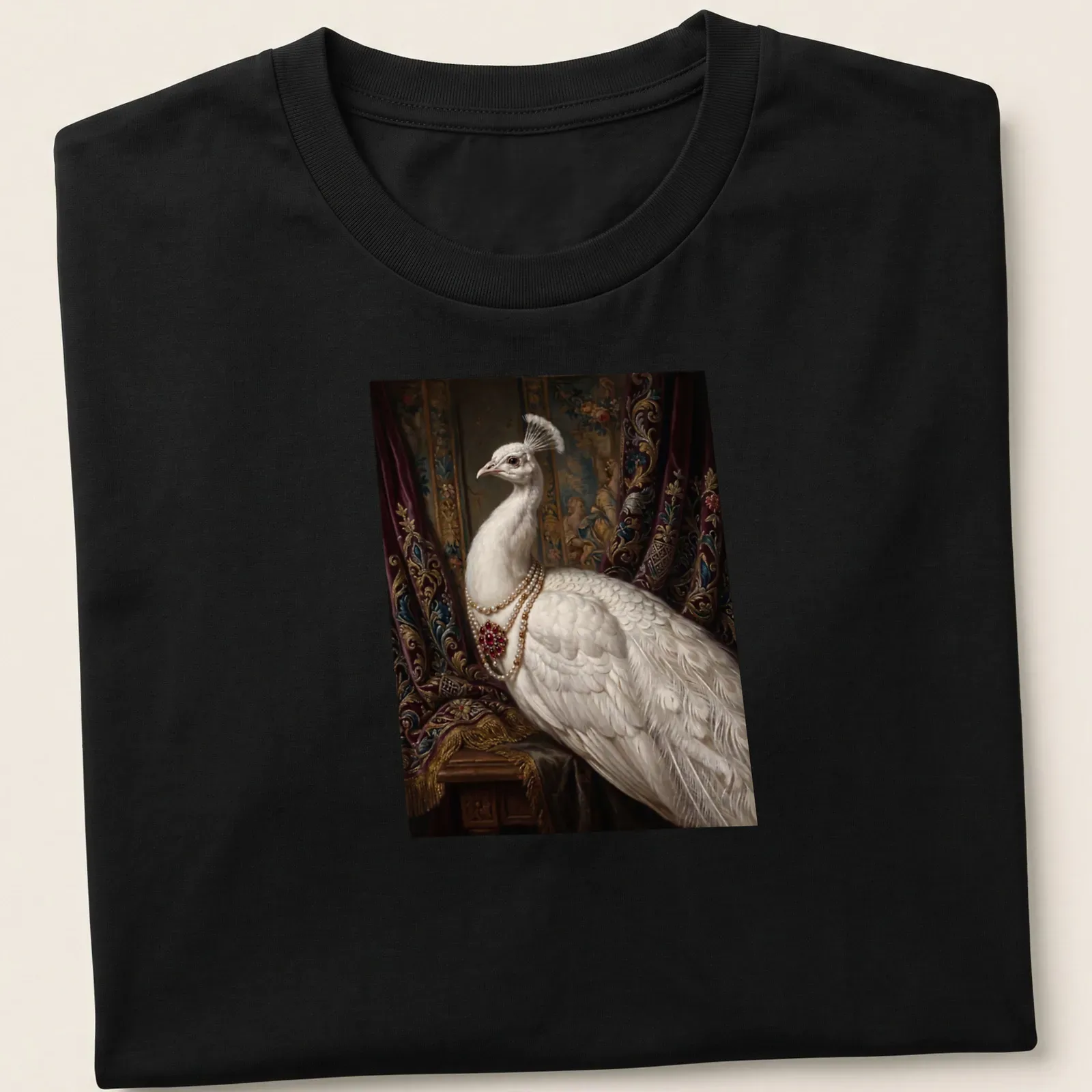 Realistic portrait of a white peacock wearing a ruby pearl necklace — printed on a unisex t-shirt