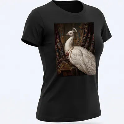 Realistic portrait of a white peacock wearing a ruby pearl necklace — printed on a women's shirt