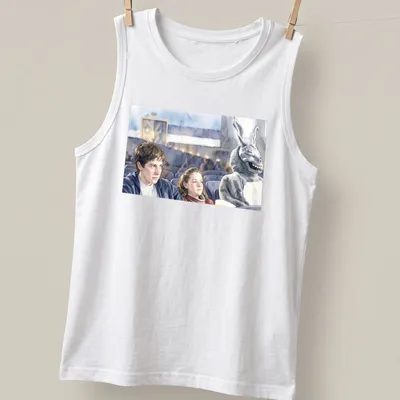 Watercolor design of a bunny suit character with humorous text — printed on a tank top