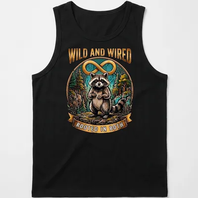 Detailed illustration of a raccoon with the phrase 'Wild And Wired Rooted In Both' — printed on a tank top