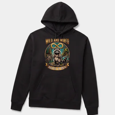 Detailed illustration of a raccoon with the phrase 'Wild And Wired Rooted In Both' — printed on a unisex hoodie