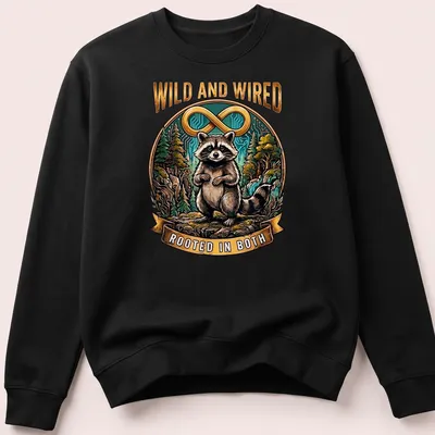 Detailed illustration of a raccoon with the phrase 'Wild And Wired Rooted In Both' — printed on a unisex sweatshirt