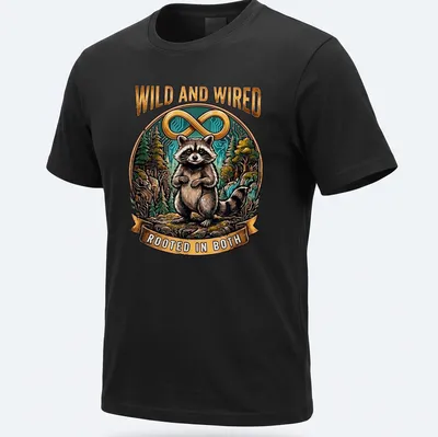 Detailed illustration of a raccoon with the phrase 'Wild And Wired Rooted In Both'