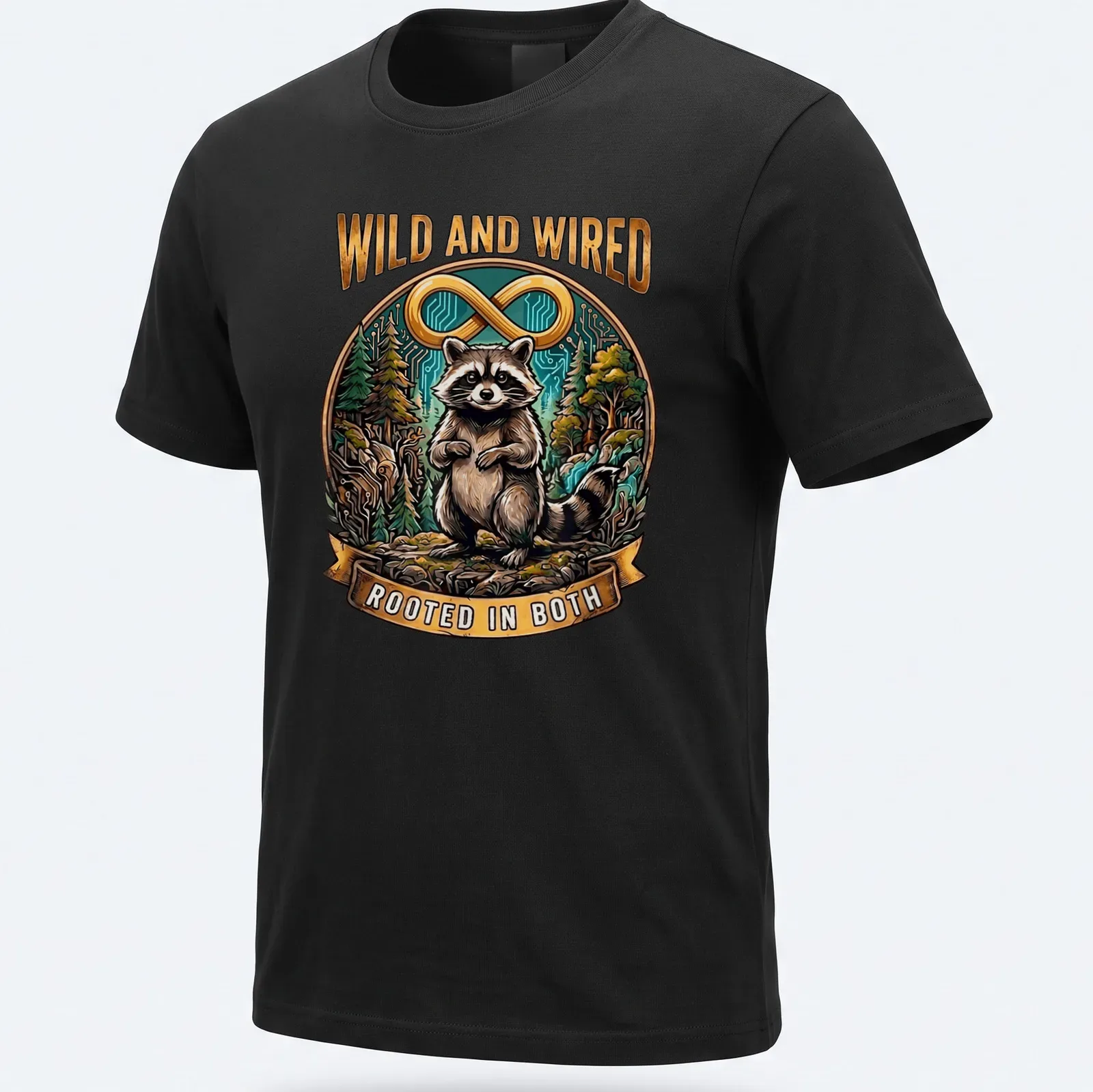 Detailed illustration of a raccoon with the phrase 'Wild And Wired Rooted In Both' — printed on a unisex t-shirt
