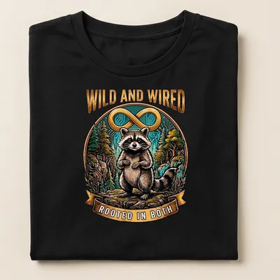 Detailed illustration of a raccoon with the phrase 'Wild And Wired Rooted In Both' — printed on a women's shirt