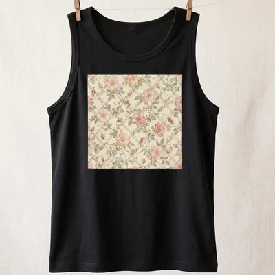 Watercolor print of wild roses on a trellis in pink, green, and beige — printed on a tank top