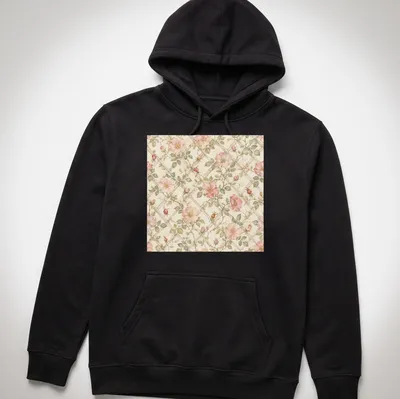 Watercolor print of wild roses on a trellis in pink, green, and beige — printed on a unisex hoodie