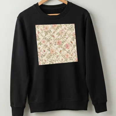 Watercolor print of wild roses on a trellis in pink, green, and beige — printed on a unisex sweatshirt