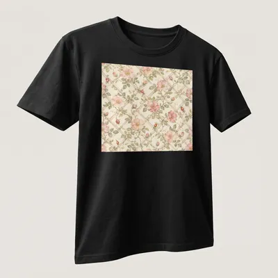 Watercolor print of wild roses on a trellis in pink, green, and beige — printed on a unisex t-shirt (angled view)