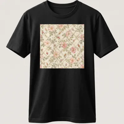Watercolor print of wild roses on a trellis in pink, green, and beige