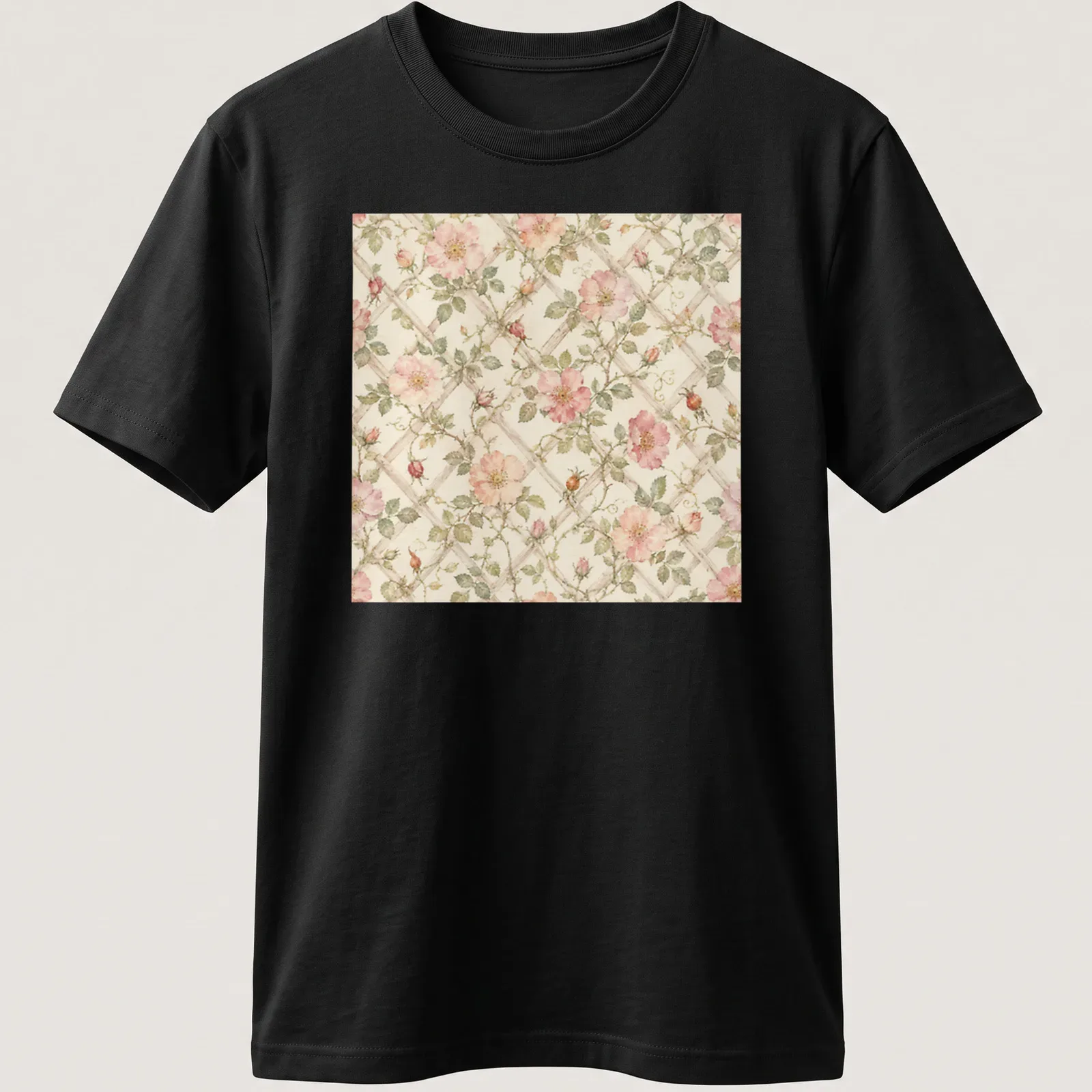 Watercolor print of wild roses on a trellis in pink, green, and beige — printed on a unisex t-shirt