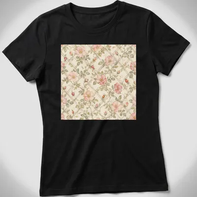 Watercolor print of wild roses on a trellis in pink, green, and beige — printed on a women's shirt
