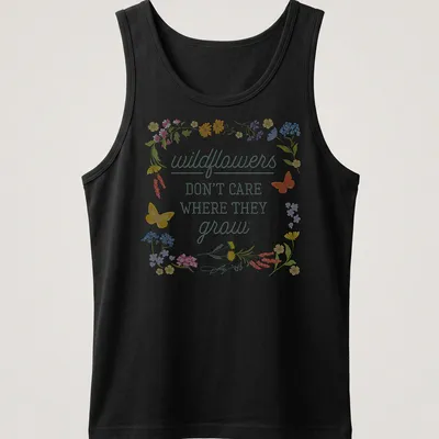 Floral illustration t-shirt with wildflowers and butterflies in various colors — printed on a tank top