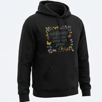 Floral illustration t-shirt with wildflowers and butterflies in various colors — printed on a unisex hoodie
