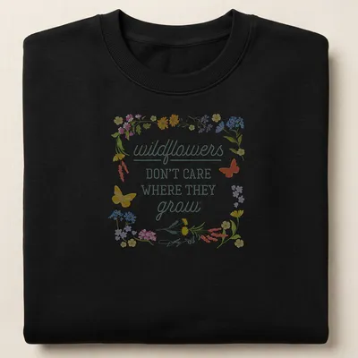 Floral illustration t-shirt with wildflowers and butterflies in various colors — printed on a unisex sweatshirt