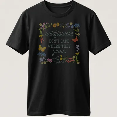 Floral illustration t-shirt with wildflowers and butterflies in various colors