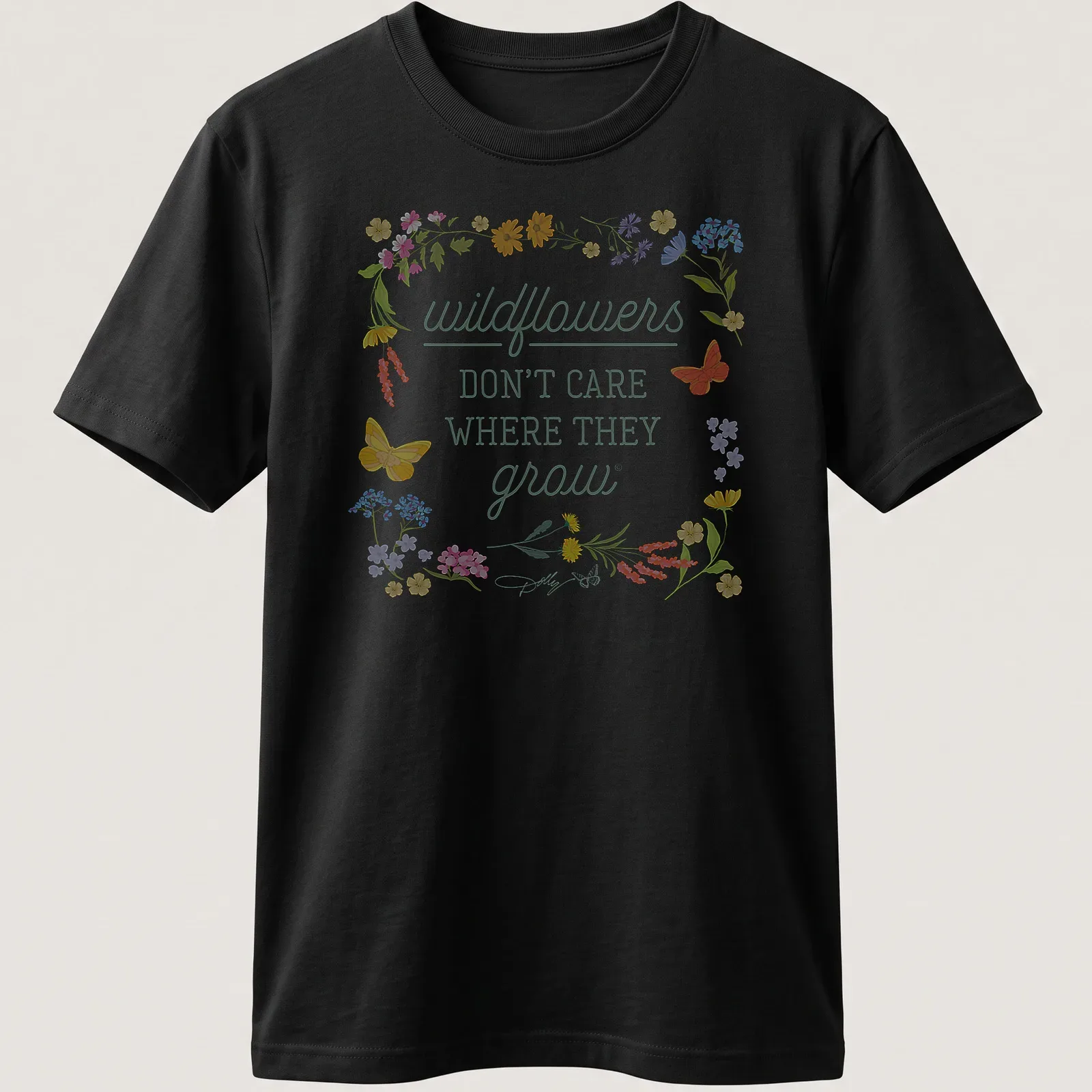 Floral illustration t-shirt with wildflowers and butterflies in various colors — printed on a unisex t-shirt