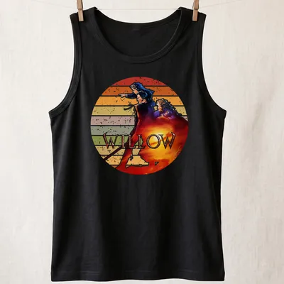 Retro distressed Willow movie t-shirt featuring bold lettering and fantasy characters — printed on a tank top