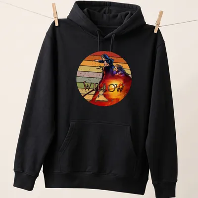 Retro distressed Willow movie t-shirt featuring bold lettering and fantasy characters — printed on a unisex hoodie