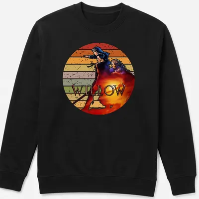 Retro distressed Willow movie t-shirt featuring bold lettering and fantasy characters — printed on a unisex sweatshirt