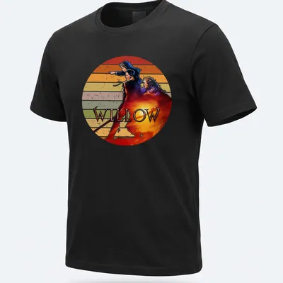 Retro distressed Willow movie t-shirt featuring bold lettering and fantasy characters