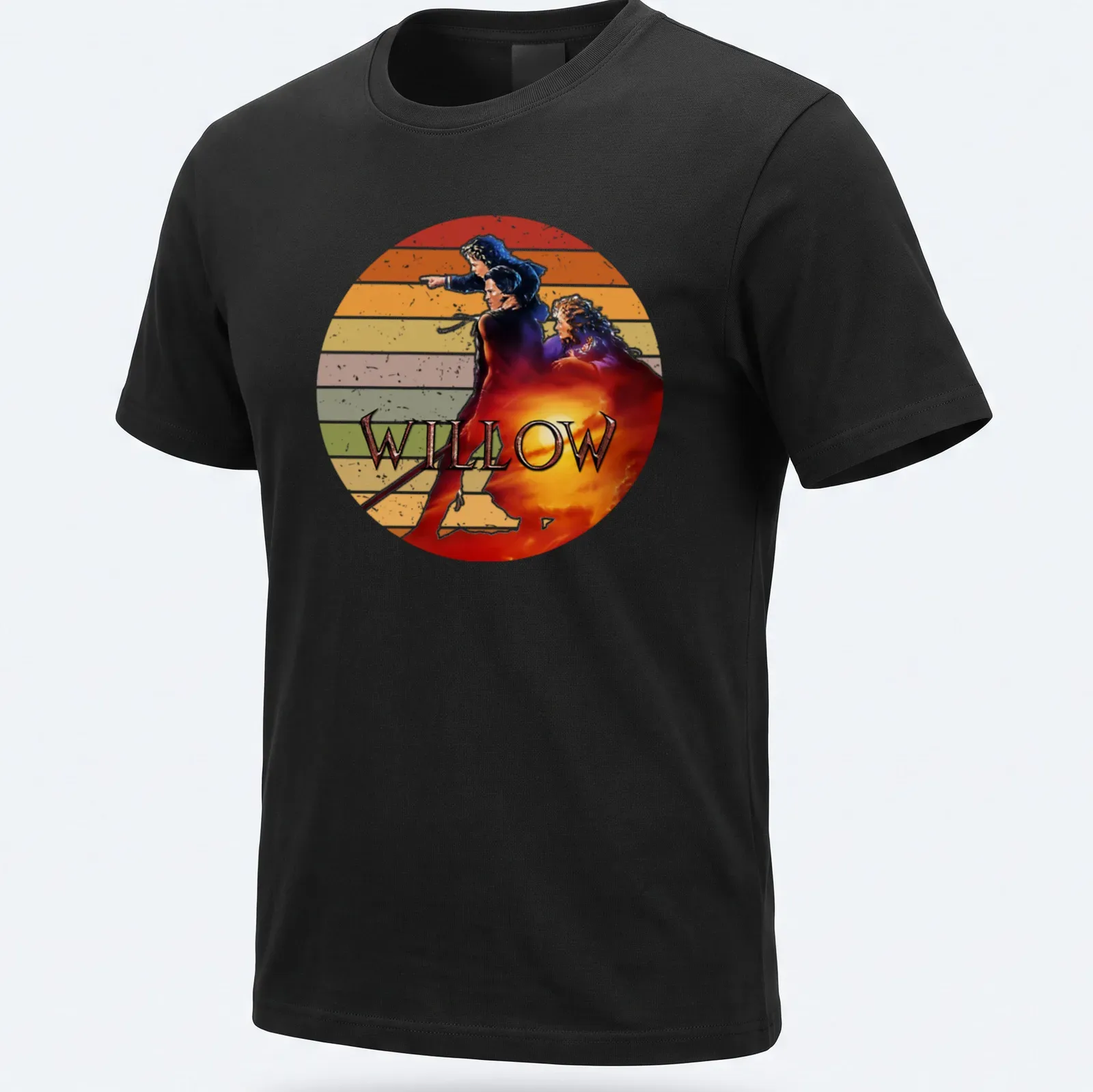 Retro distressed Willow movie t-shirt featuring bold lettering and fantasy characters — printed on a unisex t-shirt