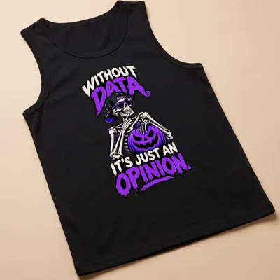 Bold cartoon skeleton holding a pumpkin with humorous text about opinions. — printed on a tank top
