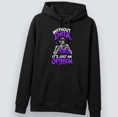 Bold cartoon skeleton holding a pumpkin with humorous text about opinions. — printed on a unisex hoodie
