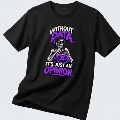 Bold cartoon skeleton holding a pumpkin with humorous text about opinions.