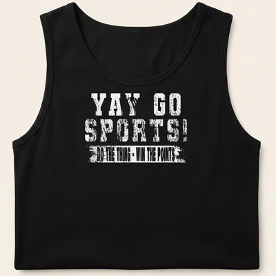 Vintage style t-shirt with 'YAY GO SPORTS' printed in bold lettering — printed on a tank top