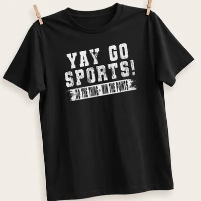Vintage style t-shirt with 'YAY GO SPORTS' printed in bold lettering