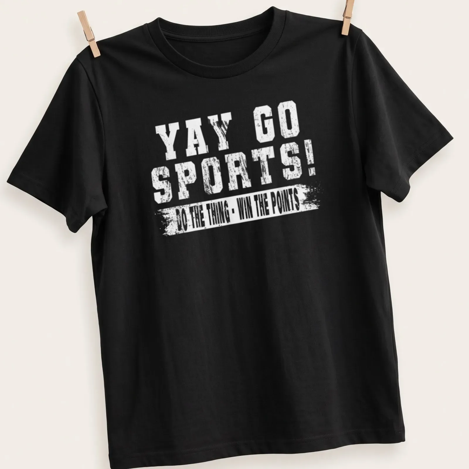Vintage style t-shirt with 'YAY GO SPORTS' printed in bold lettering — printed on a unisex t-shirt