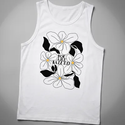 Line-art design featuring flowers with the phrase 'YOU ARE VALUED' in black, white, and yellow. — printed on a tank top